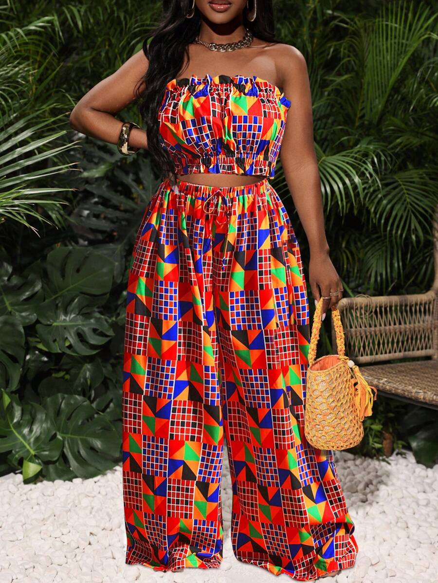 Slaydiva 夏季新品度假彩色钻石格纹印花荷叶边下摆抹胸+松紧腰阔腿裤女两件套 - 彩色 - 查看 1