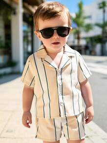 Set de 2 piezas de camisa de manga corta con cuello a rayas y pantalones cortos casuales para vacaciones para bebés niños, adecuado para ropa de verano de niño - Albaricoque - Ver 3