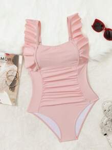 SHEIN 1pc Cute Ruched Shoulder Strap Pleated One-Piece Swimsuit, Summer New Design - Pink - View 3