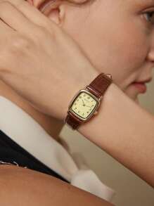 MOTF PREMIUM WOMAN'S GOLD TONE MINI SQUARE WATCH WITH NUMERIC DIAL - Brown - View 9