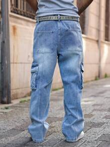 Manfinity EMRG Men's Medium Wash Denim Carpenter Jeans With Multiple Pockets And Zipper Detail - Medium Wash - View 2