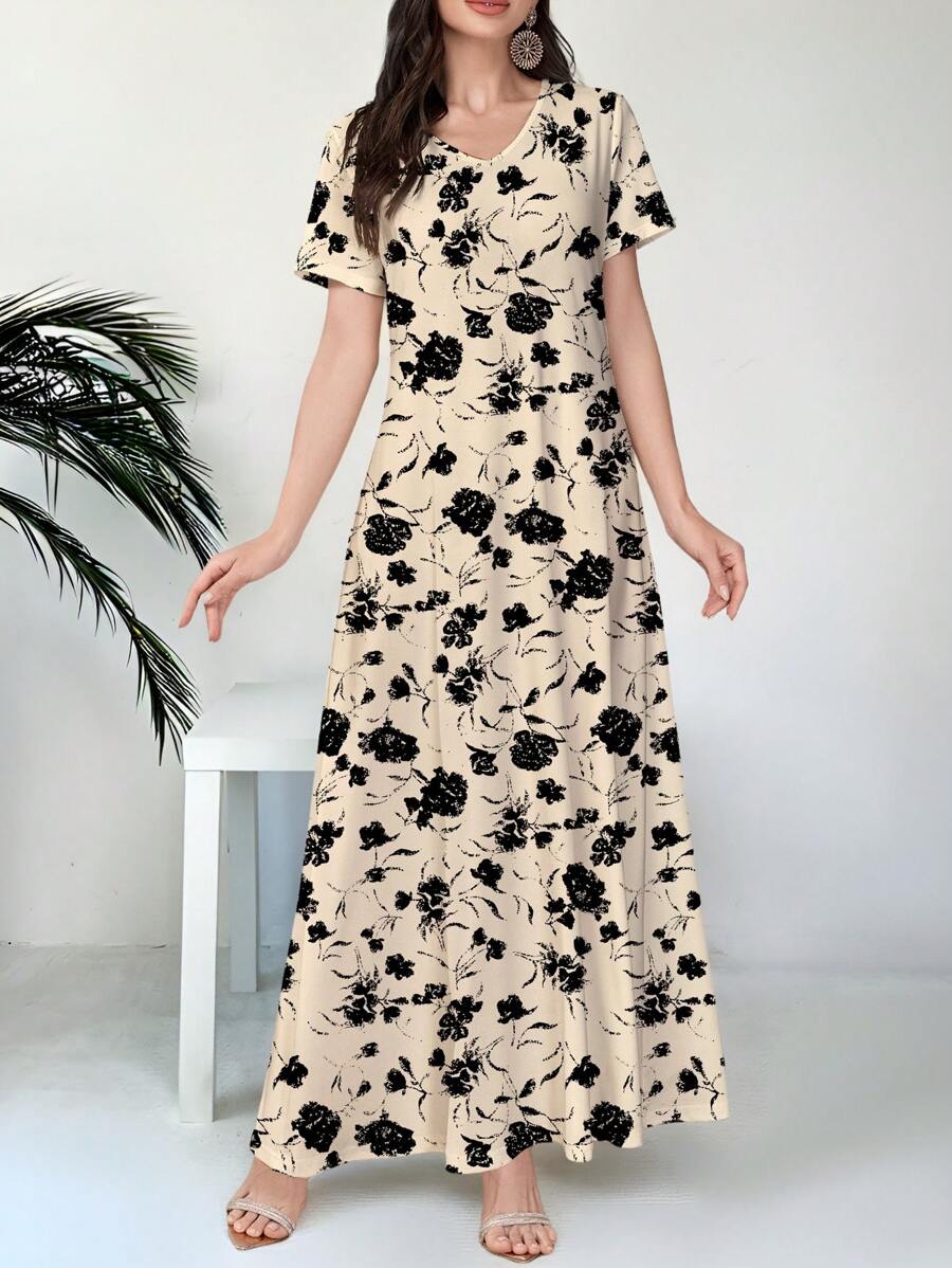 Al Najma Women's V-Neck Short Sleeve Floral Print Knit Dress,Beige,Summer,Tropical,Brunch,Vacation,Holiday Casual Work Wear,Black Flower Pattern Daily Party - White - View 1