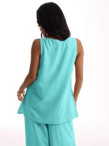 MUSERA Sleeveless Long Line Linen Feel Top For Vacation Summer Oversized Airport Beach Wedding Guest Going Out Tops - Blue - View 2