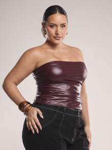 SHEIN BAE Plus Size Women's Autumn/Winter Fashion Hot Girl/Sweet Girl Ruched Elastic Solid Angola Red PU Leather Women Sleeveless Top