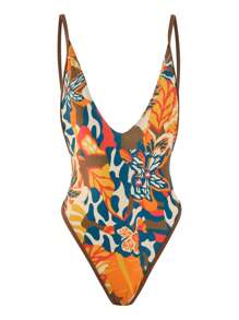 Swim SXY Women's Deep V-Neck Backless Bowknot Tie Floral Printed Sexy One-Piece Swimsuit, Summer Beach - Multicolor - View 4