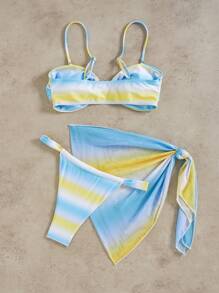 SHEIN Swim Women's 3-Piece Swimsuit Set With Detachable Straps, Fashion Gradient Print With Mesh Overcover, Ocean Shell Decor, Sexy Beach Vacation