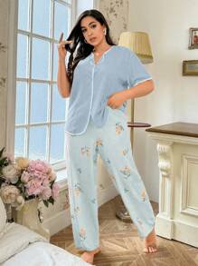 SHEIN Conjunto de pijama de mujer talla grande con estampado floral - Top sólido, pantalones estampados, vacaciones