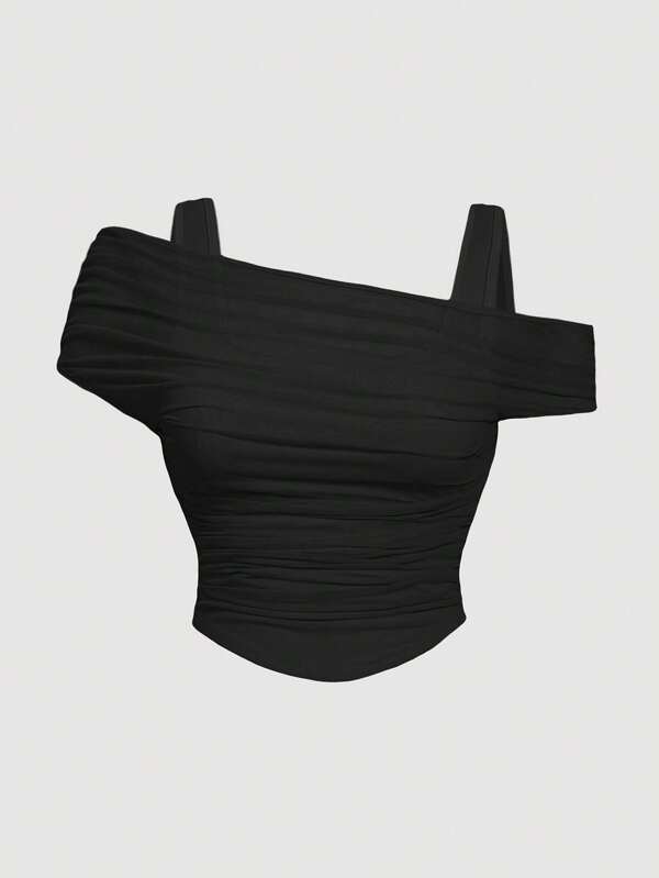 SHEIN MOD Sheer Off Shoulder Black Tank Top, Summer