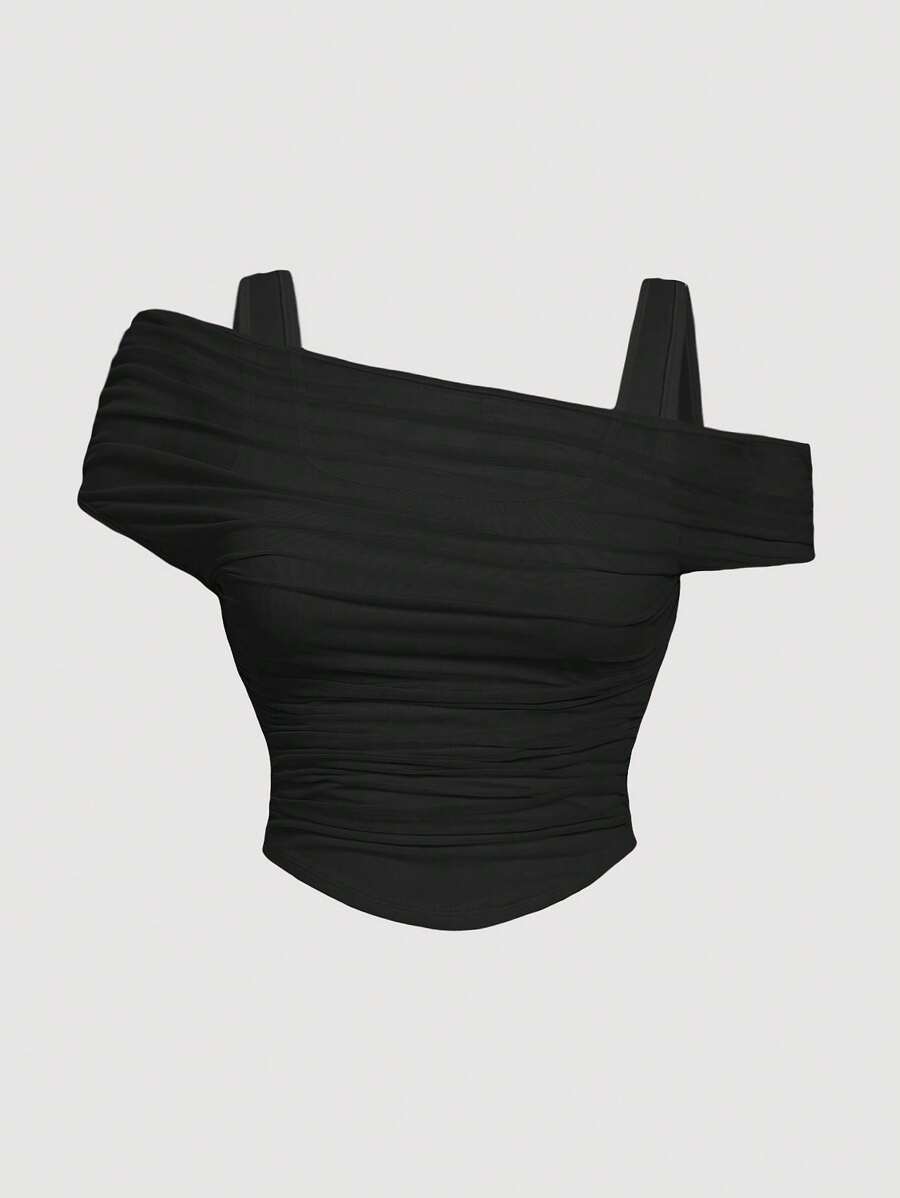 SHEIN MOD 透明露肩黑色背心，夏季 - 黑色 - 查看 1