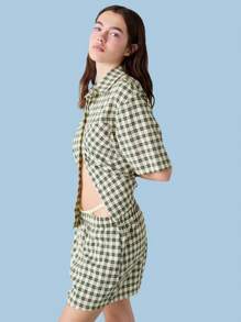 COUREZ Short Sleeve Boxy Summer Check Shirt Y2K Vintage - Yellow - View 4
