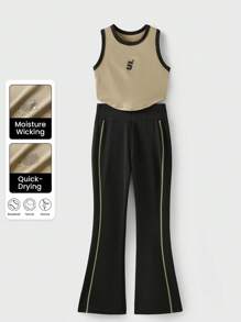 JNSQ Conjunto deportivo para niña preadolescente de vuelta al colegio, conjunto de top de tirantes y pantalones acampanados deportivos profesionales para niñas, conjunto de top de tirantes deportivo profesional con estampado de letras divertidas a contraste y pantalones acampanados ajustados para niños - Multicolor - Ver 1