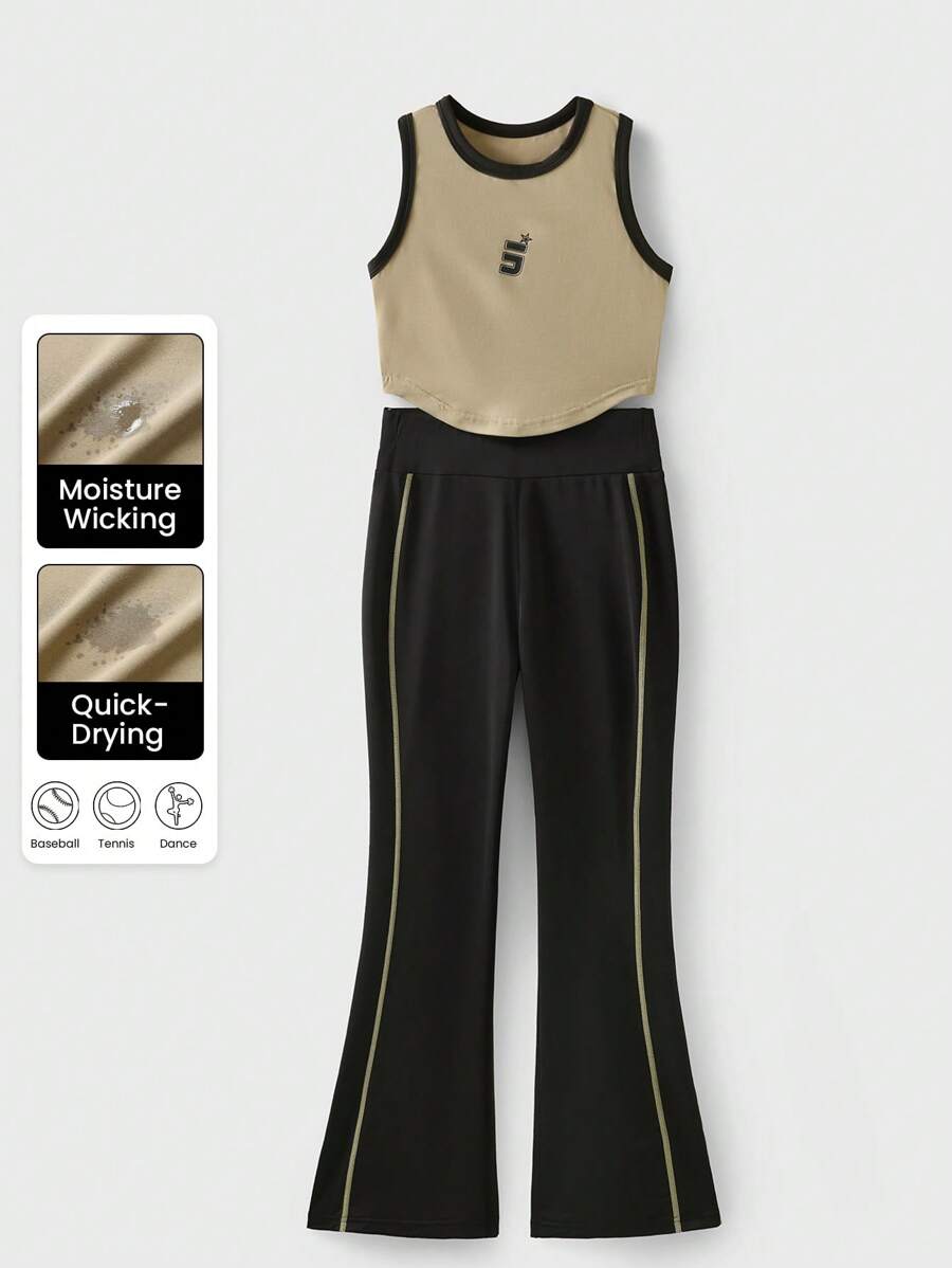 JNSQ Conjunto deportivo para niña preadolescente de vuelta al colegio, conjunto de top de tirantes y pantalones acampanados deportivos profesionales para niñas, conjunto de top de tirantes deportivo profesional con estampado de letras divertidas a contraste y pantalones acampanados ajustados para niños - Multicolor - Ver 1