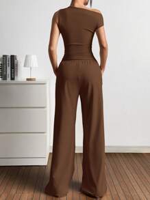 SHEIN EZwear 2pcs/Set Women Knitted Solid Color Oblique Shoulder Top And Pants - Mocha Brown - View 2