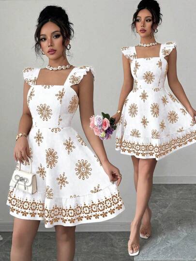 Elenzga Vestido corto casual de verano con manga corta, cintura fruncida, lazo en la espalda y estampado para uso diario y vacaciones