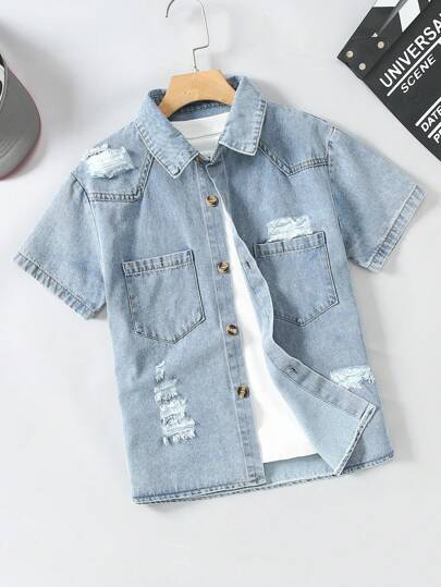 Mirajuku Boy's Denim Short Sleeve Shirt, Casual Summer Lightweight Shirt For Big Kids