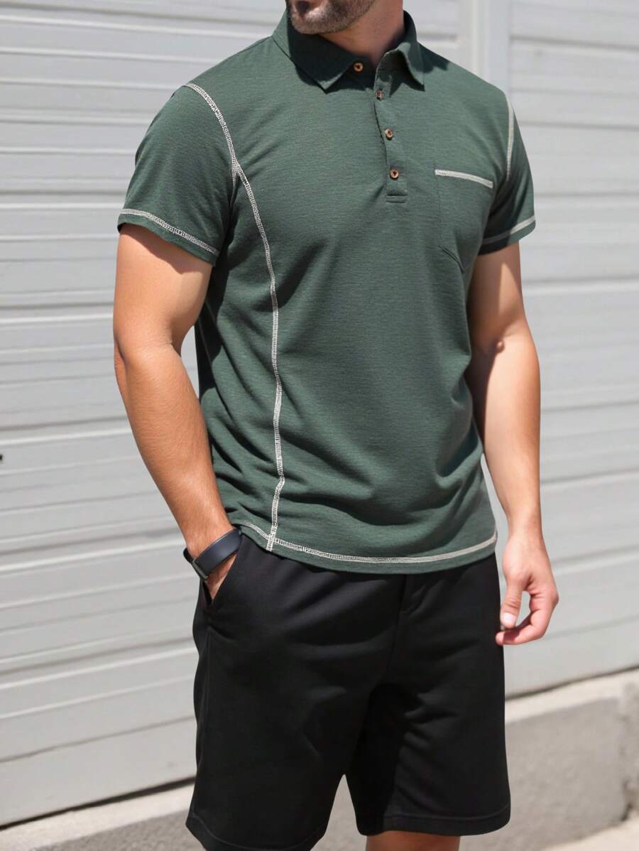 Manfinity Dauomo 男士休闲撞色缝线纽扣短袖 Polo 衫，夏季 - 軍綠色 - 查看 1