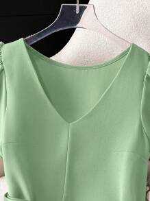 Franclia Women's Khaki Simple Elegant V-Neck Blouse,Belt Not Included - Mint Green - View 4