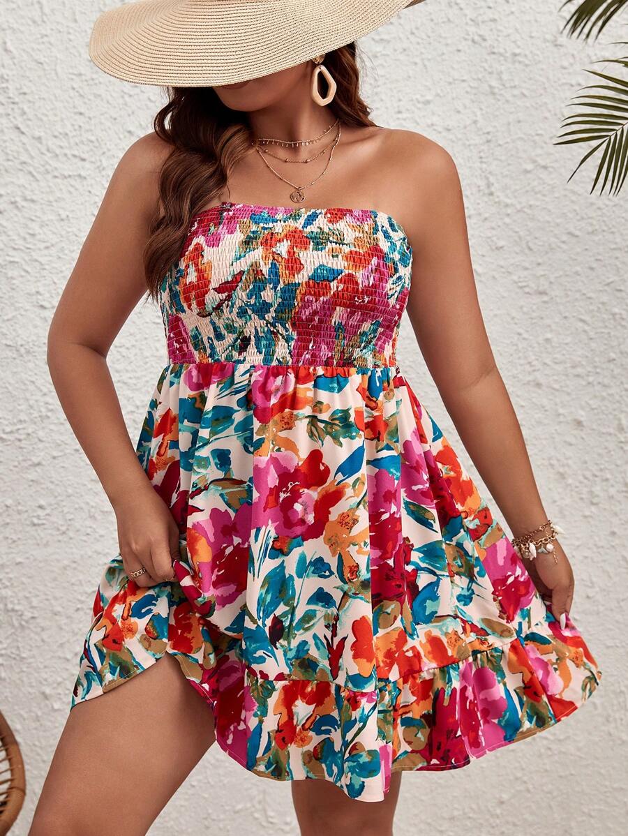 SHEIN VCAY Plus Size Women Vacation Spring Break Plus Floral Print Ruffle Hem Flower Dress, Mother's Day Gift, Easter Clothes, Vacation Outfits Women, Concert Outfit Women, Graduation Dresses For Women,Beach Dress Sundress,Holiday Outfits Boho - Multicolor - View 1