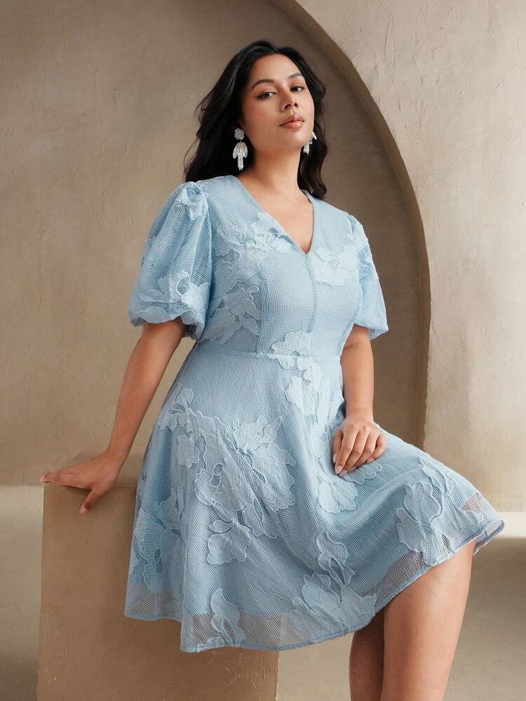 Ladies' Plus Size Spring/Summer Mesh Embroidered Music Festival Bubble Sleeves Blue St. Patrick's Day Dress Festival, Casual, Vacation, Holiday, Elegant, Date Night, Beach