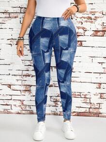 SHEIN LUNE 女式大码牛仔效果印花休闲紧身裤