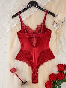 SHEIN 女士性感蕾丝拼布连体衣，适合外出穿着 - 酒紅色 - 查看 2