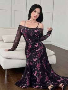 Modelyn Damen langes Mesh-Schmetterling romantisches figurbetontes Fischschwanz-Kleid - Pink - Übersicht 7
