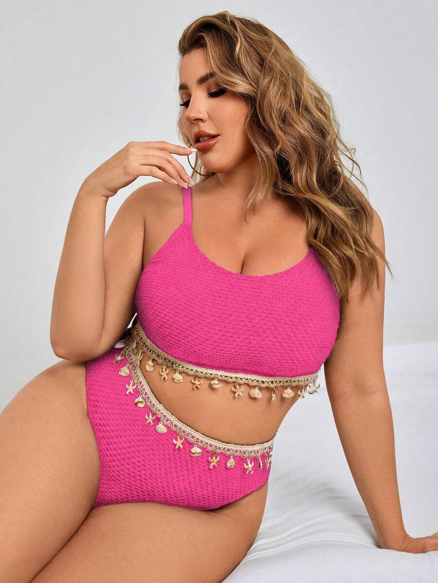 Swim Lushoire Plus Size Women 2 Pieces Polka Dot Bikini Set With Shell Chain Decor, Beach Vacation Style For Summer - Hot Pink - View 1