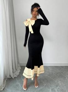 Elenzga Women Contrast Color Bowknot Long Sleeve Dress - Yellow - View 3