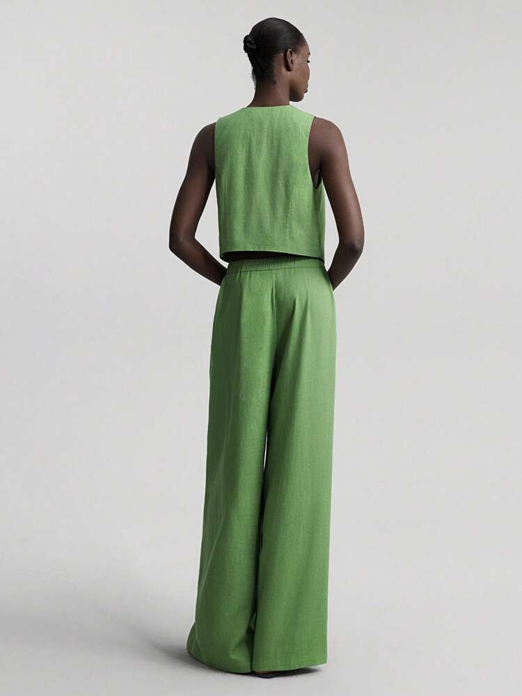 2026 Spring/Summer New Women's 2-Piece Set, Includes Linen V-Neck Vest And Pants Suit, Business Casual Office Low-Key Vintage Style, Suitable For Tea Party, Vacation, Wedding Modern Urban Casual Fashion Business Casual Women's Office Wear Low-Key Old Money Style Effortless Temperament High-End Urban Commuting High-Quality Airport Women's Wear High-End Material Modern Urban Casual Fashion Business Casual Women's Office Wear Low-Key Old Money Style Effortless Temperament High-End Urban Commuting