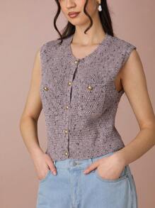 Enchnt Women's Solid Color Front Button Pocket Elegant Sleeveless Sweater Vest - Dusty Pink - View 2