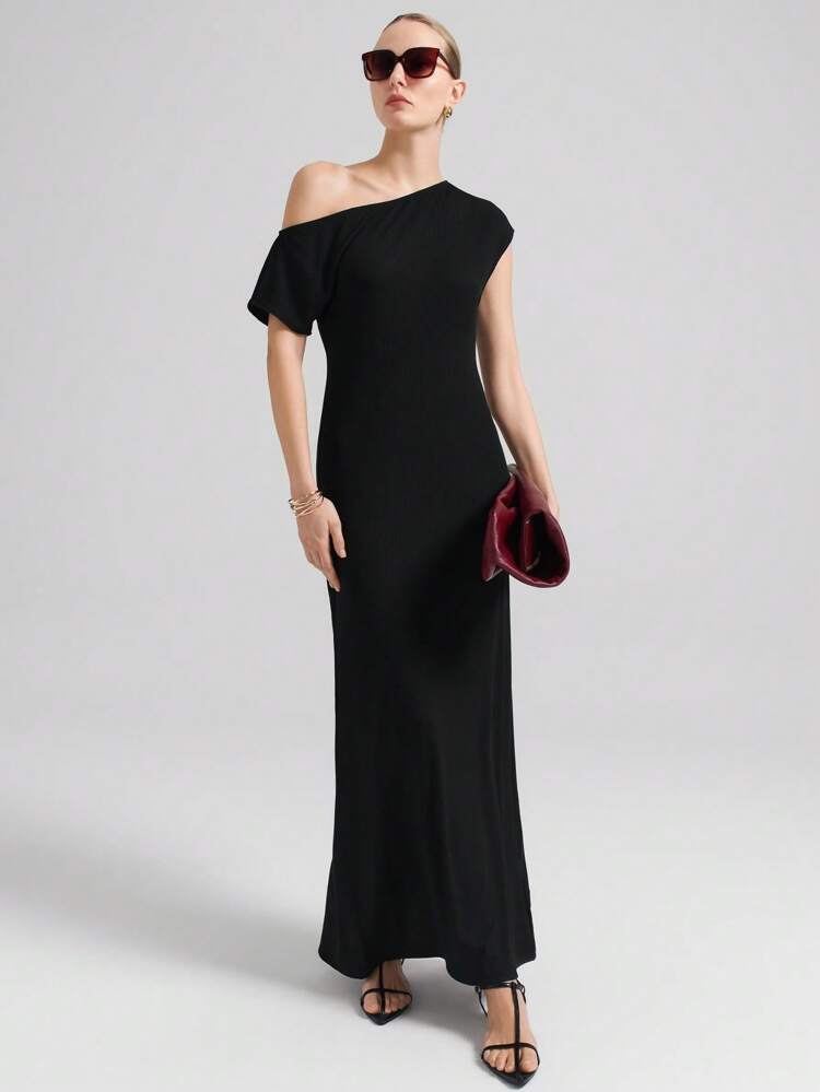 Black Tencel Elegant High-End Urban Commute Minimalist Asymmetric Collar Oblique Shoulder Asymmetrical Shoulder Fashion Comfortable Women Long Dress