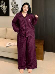 Dazy Plus Plus Size Plaid Loose Pajamas Set, Shirt & Pants, All Season Home Wear, Cozy Outfits, Fall Winter Clothes - Coral Pink - View 4