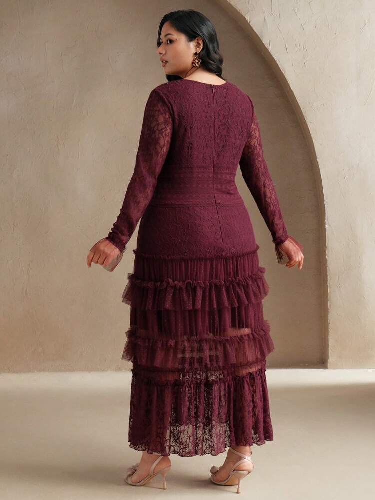 Plus Size Women Lace Long Sleeve A-Line Dress, Elegant For Festivals, Vacations, Holidays, Casual Wear, Spring/Summer