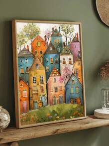 1pc Whimsical Rural Canvas Print - Charming Colorful House Illustration, Wall Art Decor For Home And Bedroom, Frameless Canvas Painting - Multicolor - View 1