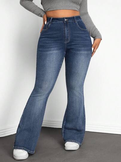 SHEIN ICON Plus Size Distressed Flared Jeans With Angled Pockets, Casual Daily Wear