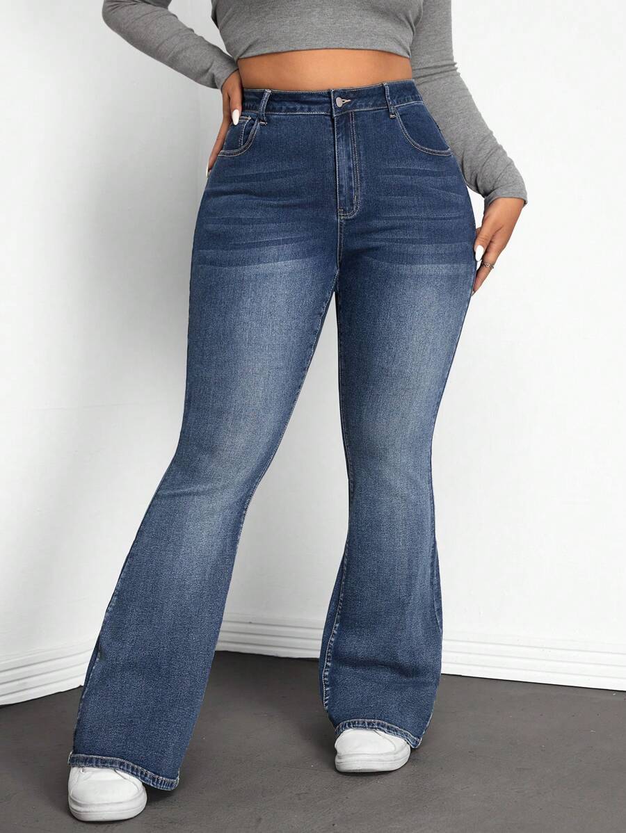 SHEIN ICON Jeans acampanados desgastados de talla grande con bolsillos angulares, uso diario casual - Azul lavado oscuro - Ver 1