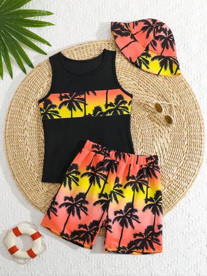 青少年男孩两件套泳衣，正面带椰子树印花泳衣上衣，随机印花太阳帽和沙滩短裤，休闲凉爽度假和夏季运动装