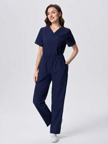 Scrubzie 2 pezzi/set maglietta donna a maniche corte scollo a V con colori a contrasto e pantaloni comodi/uniforme infermiera