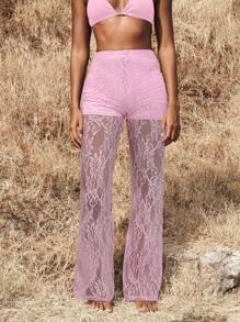 Opulessa Women's High Waist Flare Lace Knit Pants, For Holiday,Summer For Women,Beachwear,Easter,Beach For Woman,Spring Break,Vacation Women,Concert Women,BOHO,Music Festival, Valentine Day, Vacation Woman, Beach For Woman, Festival, Romantic And Elegant, Bohemian, BOHO, Sweet, Rave Festival, Tropical Vacation Woman, Carnival - Pink - View 1