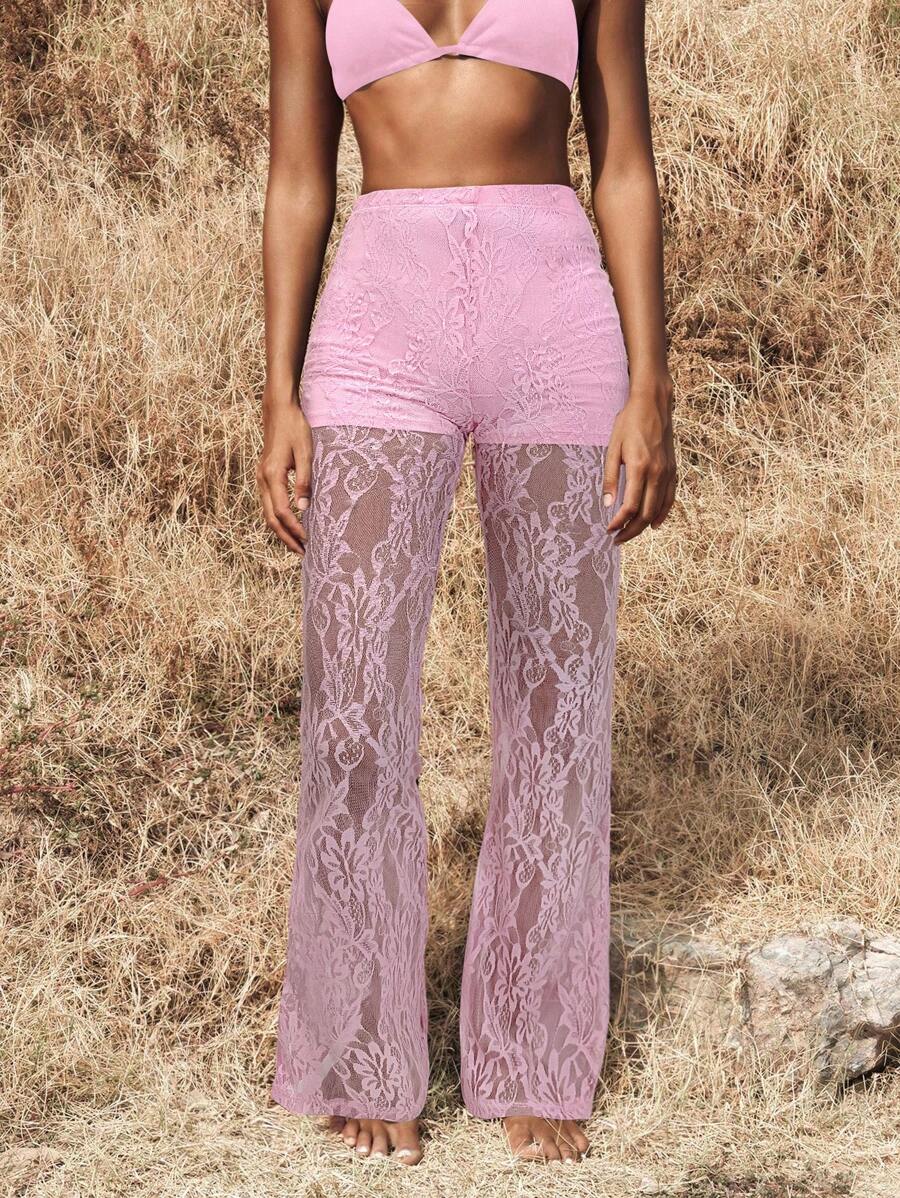 Opulessa Women's High Waist Flare Lace Knit Pants, For Holiday,Summer For Women,Beachwear,Easter,Beach For Woman,Spring Break,Vacation Women,Concert Women,BOHO,Music Festival, Valentine Day, Vacation Woman, Beach For Woman, Festival, Romantic And Elegant, Bohemian, BOHO, Sweet, Rave Festival, Tropical Vacation Woman, Carnival - Pink - View 1