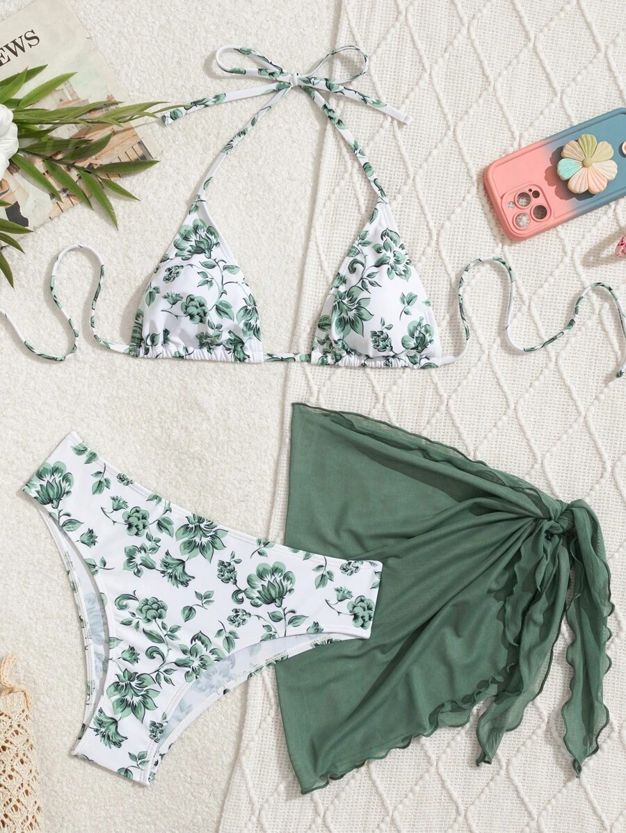 Swim Mod Women's Floral Print Halter Tie Bikini Set With Cover-Up Sarong Skirt, 3pcs Summer Beach Swimwear Set - Mint Green - View 1