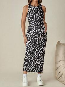 SHEIN Maternity Summer Sexy Ditsy Floral Pattern Side Slit Backless Bodycon Dress - Red - View 3