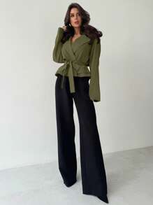 Firerie 秋冬新款卡其色立体口袋腰带女士薄款风衣外套 - 軍綠色 - 查看 3