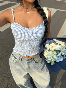 SHEIN EZwear Women's Blue Gingham Shirred Micro Crop Cami Top: Boho Style, Woven Fabric With Strap Neckline And Semi-Sheer Details For A Chic Summer Look - Blue - View 1