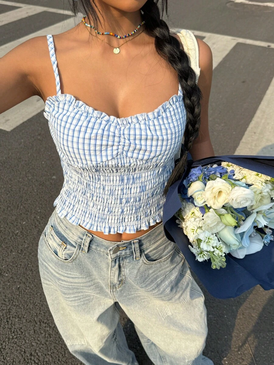 SHEIN EZwear Women's Blue Gingham Shirred Micro Crop Cami Top: Boho Style, Woven Fabric With Strap Neckline And Semi-Sheer Details For A Chic Summer Look - Blue - View 1