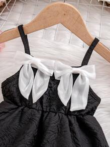 Baby Girls' Minimalist Solid Black Bow Strap Lantern Dress, Elegant For Party Wear In Summer - Black - View 3