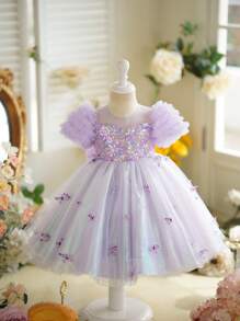 SHEIN Vestido de fiesta de estilo princesa con mangas abullonadas, con flores 3D y lentejuelas para niñas jóvenes, para cumpleaños, eventos escolares y verano