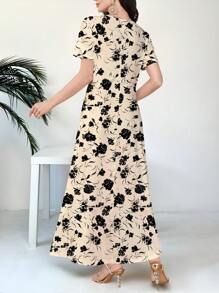 Al Najma Women's V-Neck Short Sleeve Floral Print Knit Dress,Beige,Summer,Tropical,Brunch,Vacation,Holiday Casual Work Wear,Black Flower Pattern Daily Party - White - View 2