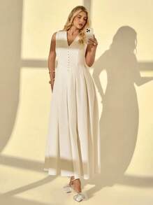 Auralis Plus Size Women's Solid Color Button V-Neck Sleeveless Pleated Elegant Dress