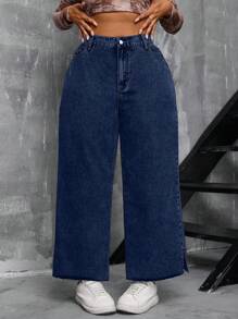 SHEIN SXY Plus Size Women High Waisted Non-Stretch Denim Wide Leg Pants With Side Slit Summer Outfits For Women Festival Outfits - Light Wash - View 6